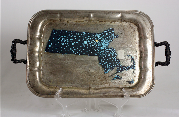 Tray-Wild as the Wind Series, Massachusetts in Cerulean Blue Dots Design With Gold Leaf Star