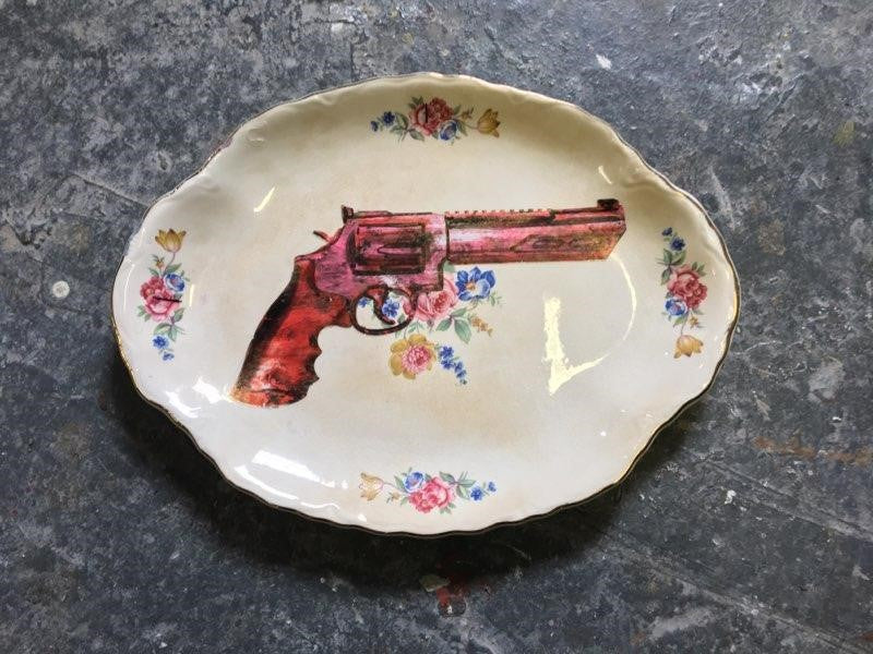 Platter- Pop Art Series, Pop Gun Design in Alizarin Pink, Pink and Blue Floral Accents