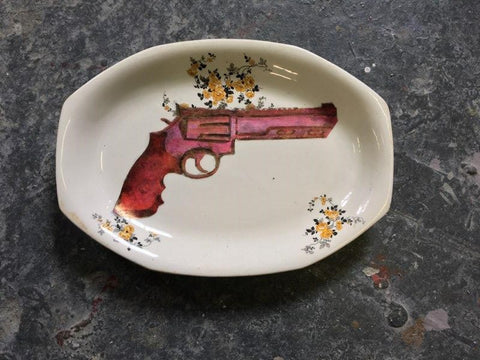 Platter- Pop Art Series, Pop Gun Design in Alizarin Pink, Golden Floral Bouquet Accents