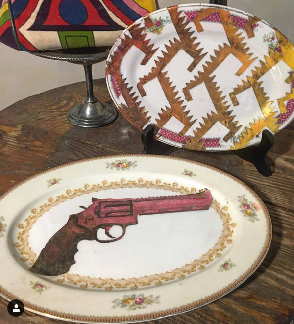 Platter- Pop Art Series, Pop Gun Design, Alizarin Pink, Floral and Gold Pattern Border