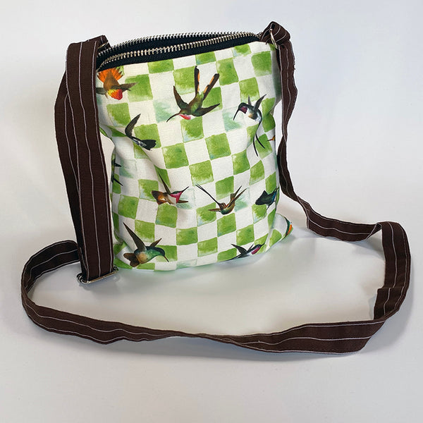 Less Is More- Green Hummingbird Checkerboard Cross Body Bag