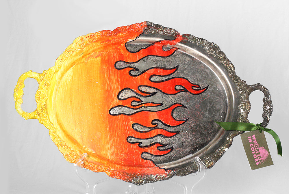 Tray- Culture Collision Series, Iconic Flame Design in Orange to Yellow Ombre, Oval