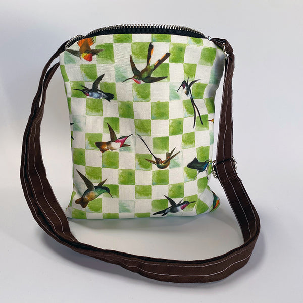 Less Is More- Green Hummingbird Checkerboard Cross Body Bag