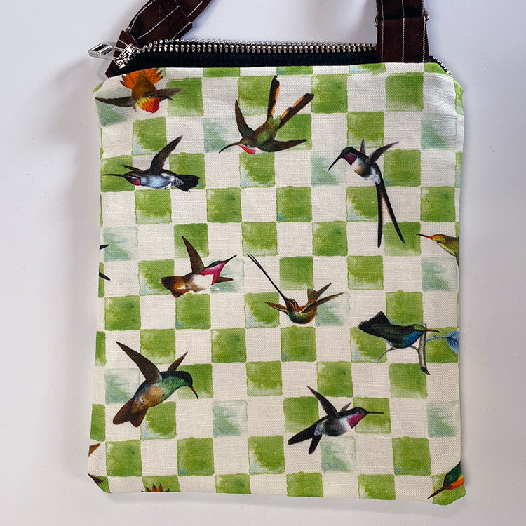 Less Is More- Green Hummingbird Checkerboard Cross Body Bag