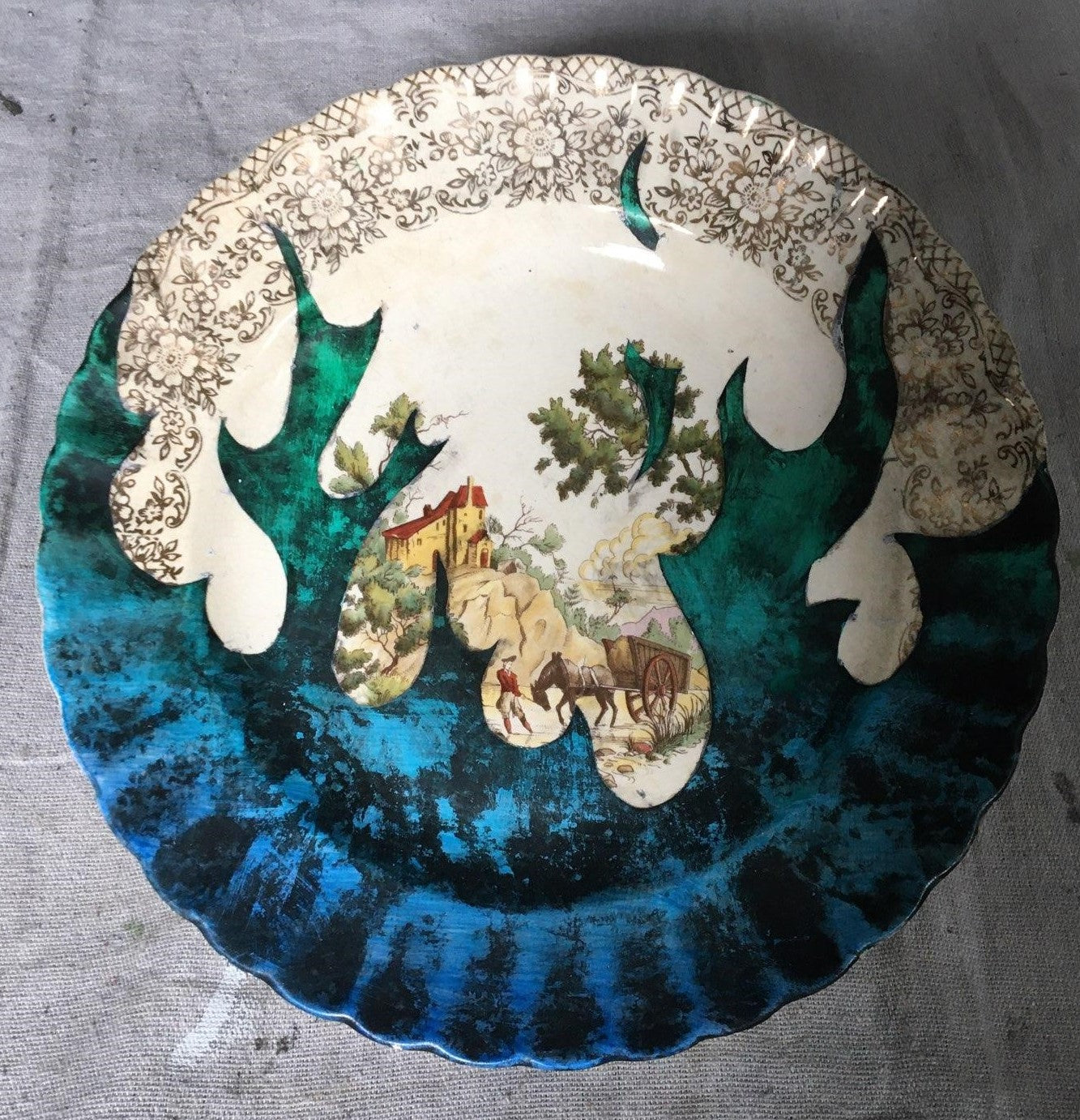 Plate- Culture Collision Series, Iconic Flame Design on Chateau France Vignette, Emerald Green to Sapphire Blue Ombre